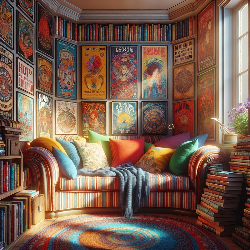 A cozy reading nook with colorful decor and books.