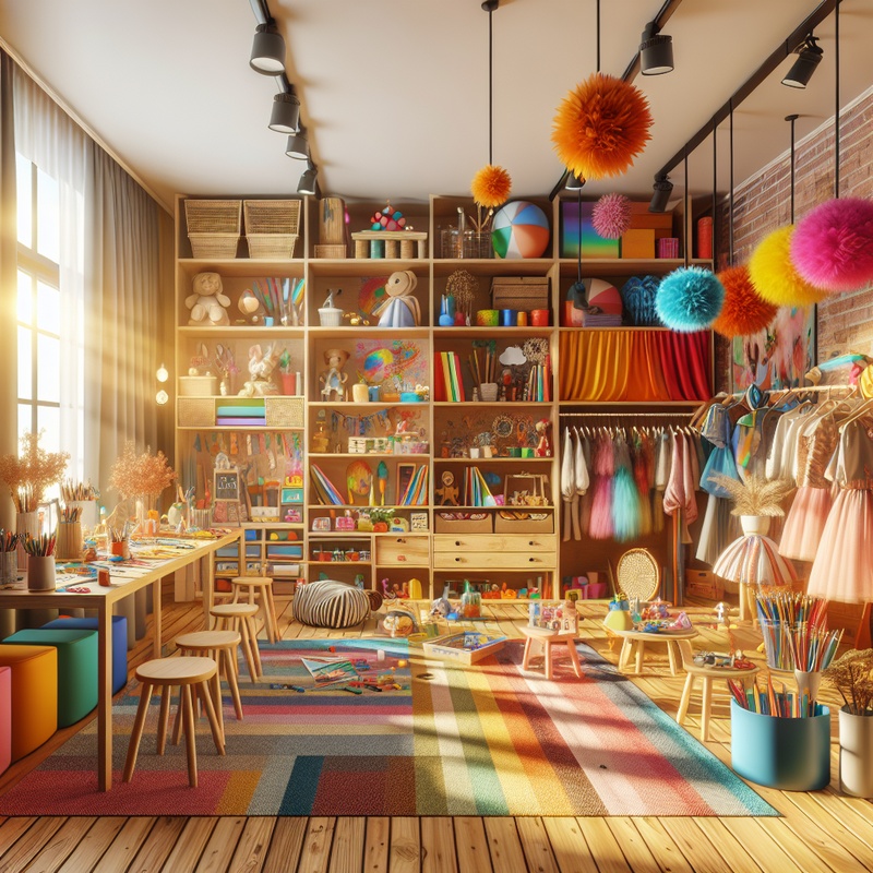 A colorful playroom with art supplies and costumes for creative play.