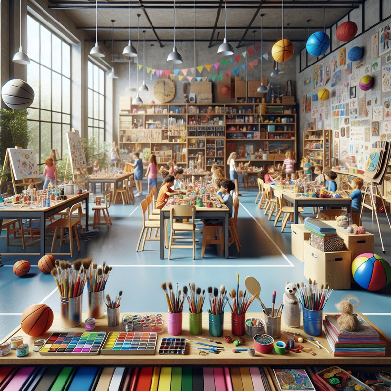 A workshop setup with art supplies and sports equipment for children's teamwork activities.