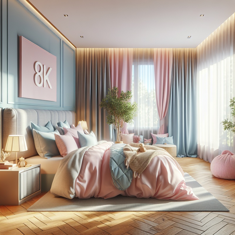 A peaceful children's bedroom with calming decor and soft lighting.