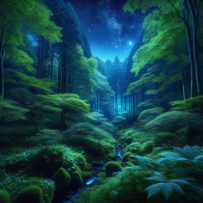 A detailed forest with colorful leaves and a starry night sky.