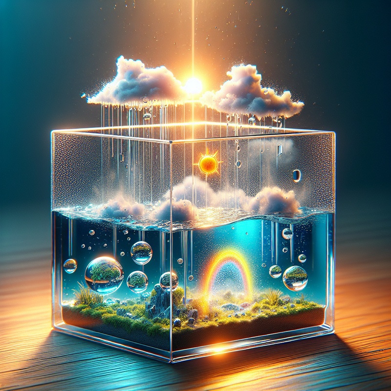 Mini water cycle experiment with sunlight and condensation in a clear container.