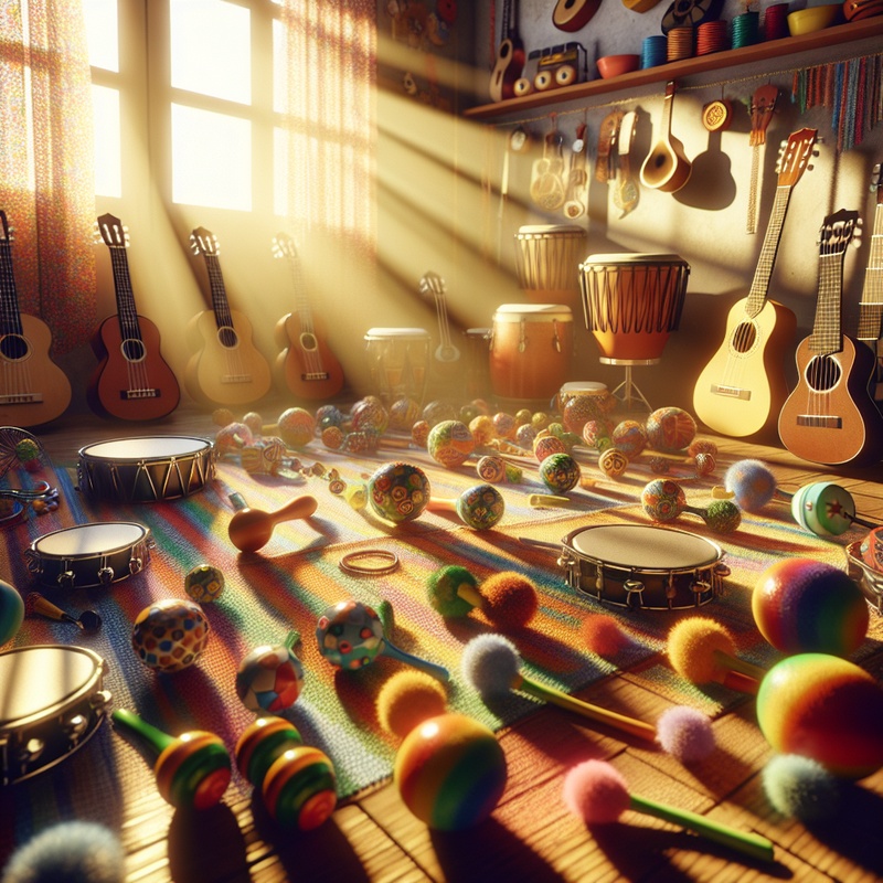 A music room with child-friendly instruments and natural lighting.