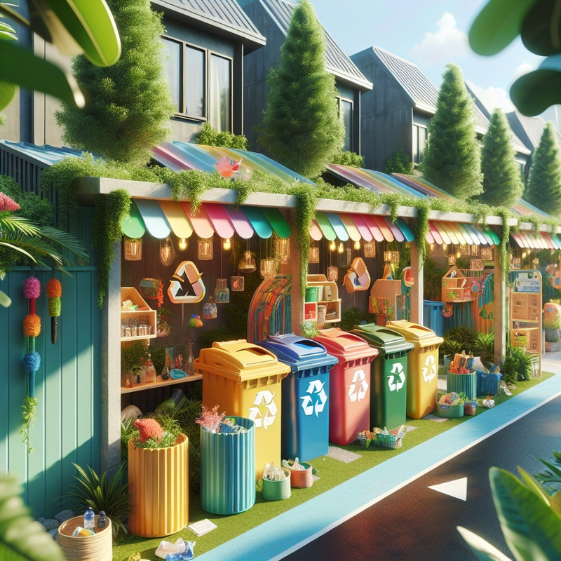 Colorful recycling station with bins and repurposed crafts.