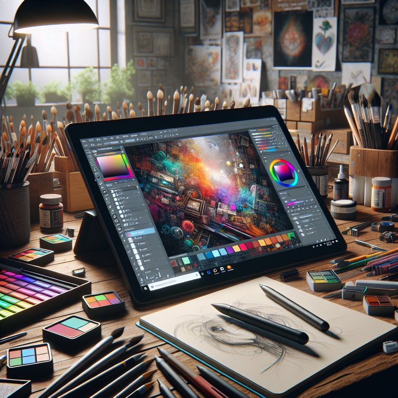 Digital art setup with tablet, stylus, and colorful canvas.