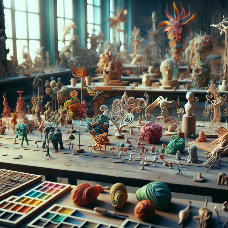 Various colorful sculptures made from clay, paper mache, and wire on a table with tools.