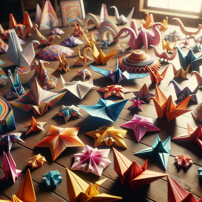 Colorful origami paper sheets with geometric shapes and animal designs on a table.