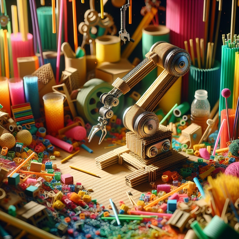 A simple robotic arm crafted from cardboard and straws, with colorful materials around.