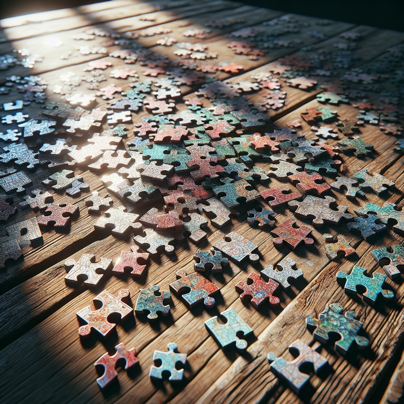 Colorful puzzle pieces on a wooden table in natural light.