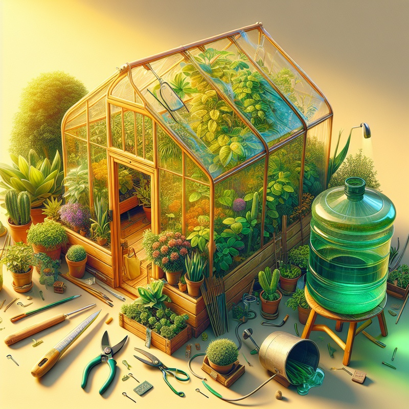 Mini greenhouse with plants, sunlight, and a rainwater collector.