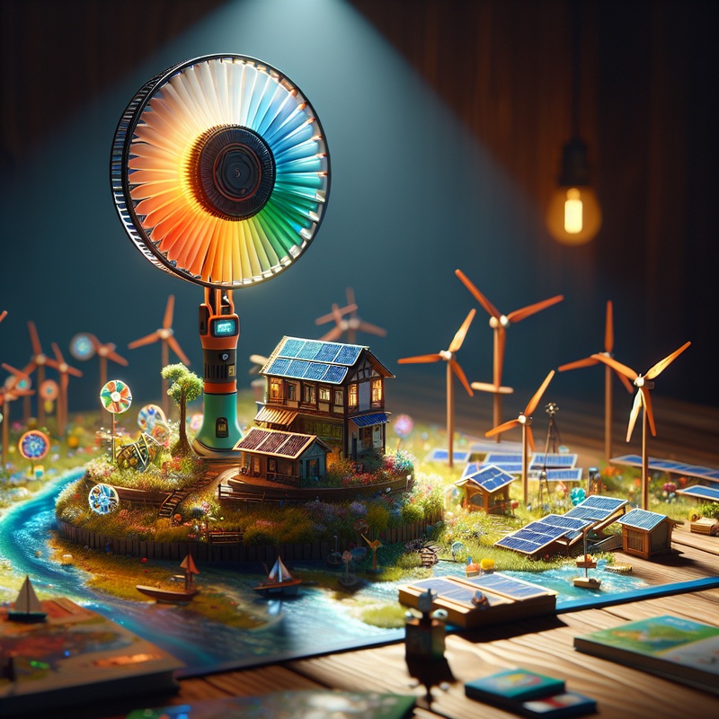 Solar model fan and windmill with educational materials on a table.