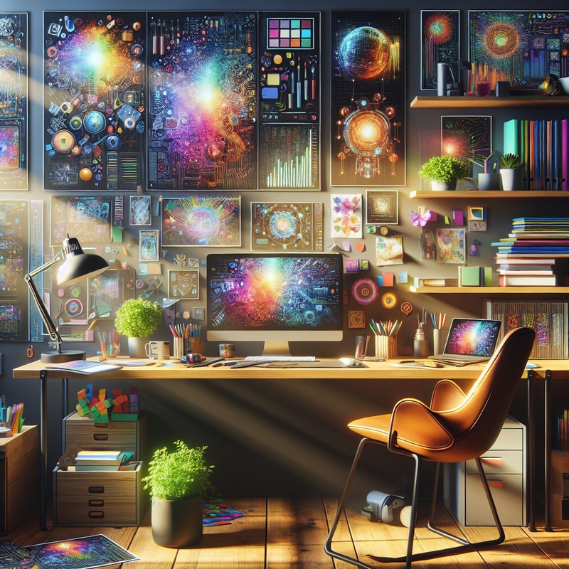 A well-lit workspace with a computer and AI project materials.