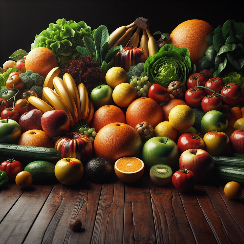 Colorful fruits and vegetables arranged artistically on a wooden table.