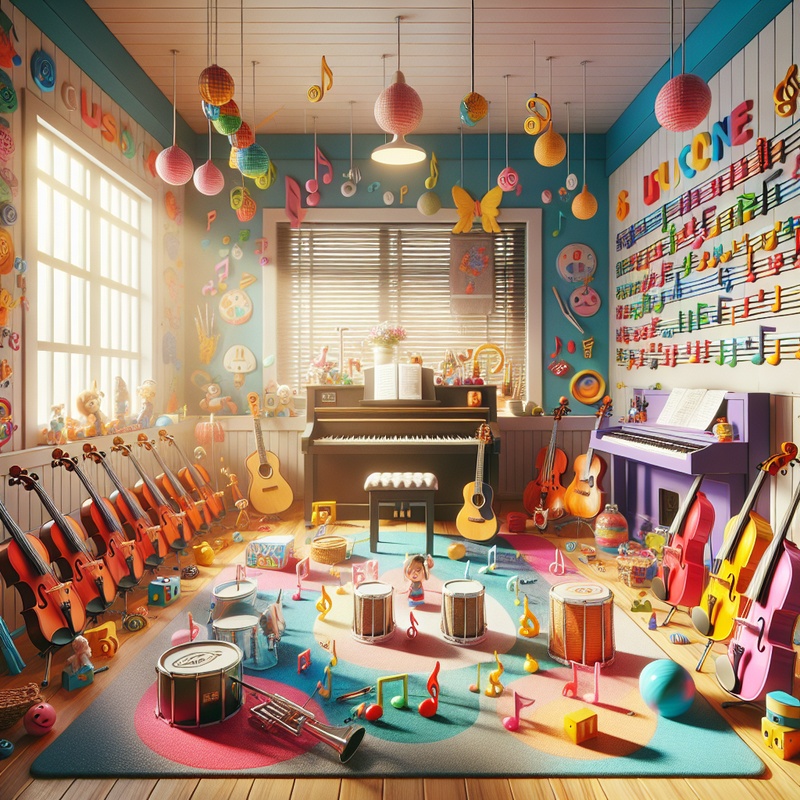 A lively music room with instruments and decorations for children's choir activities.