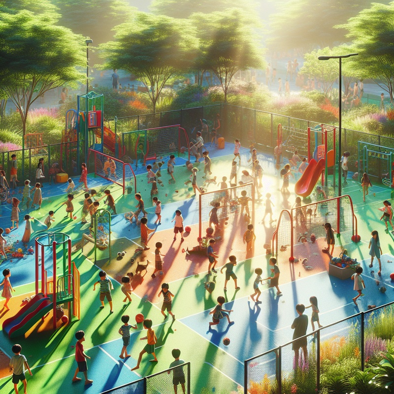 A playground with children playing games, surrounded by greenery and sunlight.
