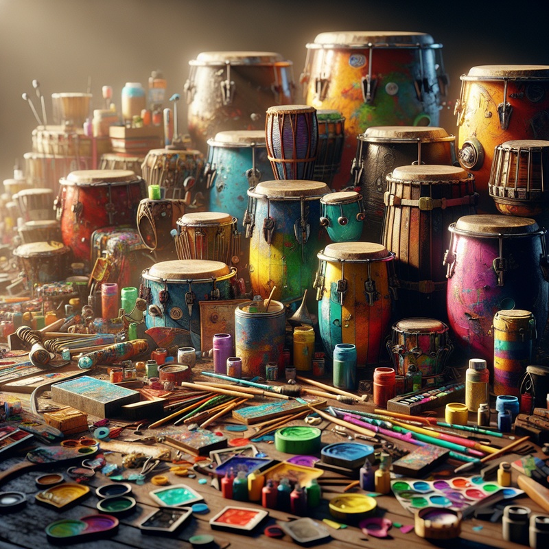 Colorful homemade drums with art supplies in natural light.