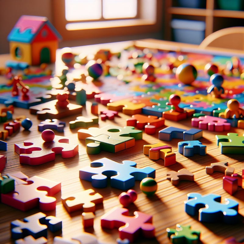 Colorful puzzle pieces on a wooden table under sunlight.