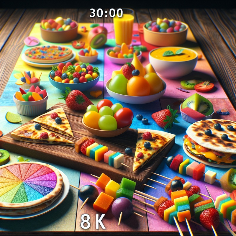 Colorful kid-friendly dishes like quesadillas, fruit skewers, and veggie pizzas on a table.