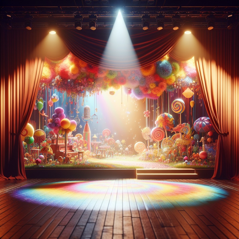 A colorful stage with playful props under a spotlight.