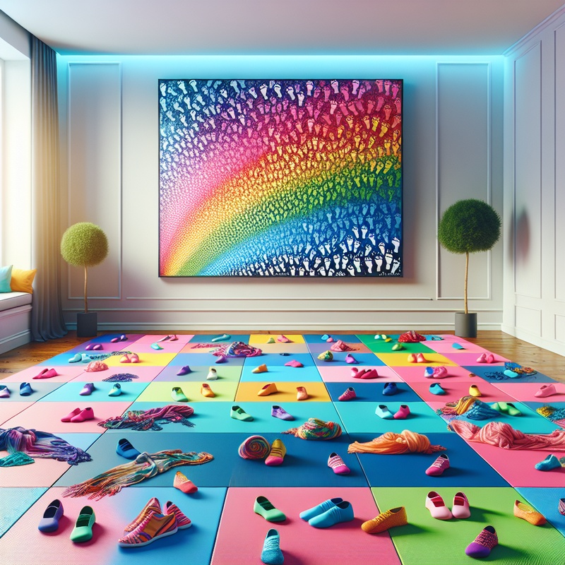 Dance mats with colorful footprints, scarves, and shoes in a bright room.