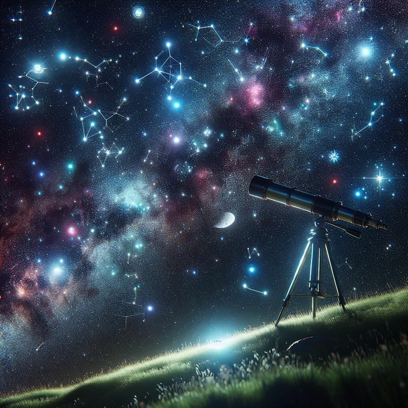 Night sky with stars and constellations, telescope on a hill.