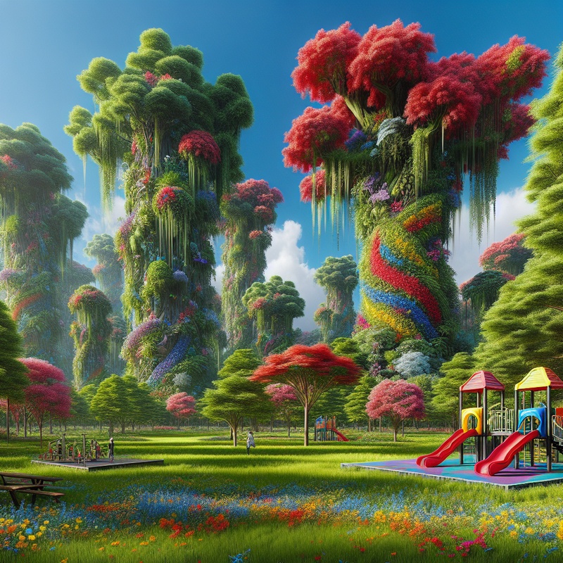 A park with flowers, trees, a playground, and grassy fields under a blue sky.