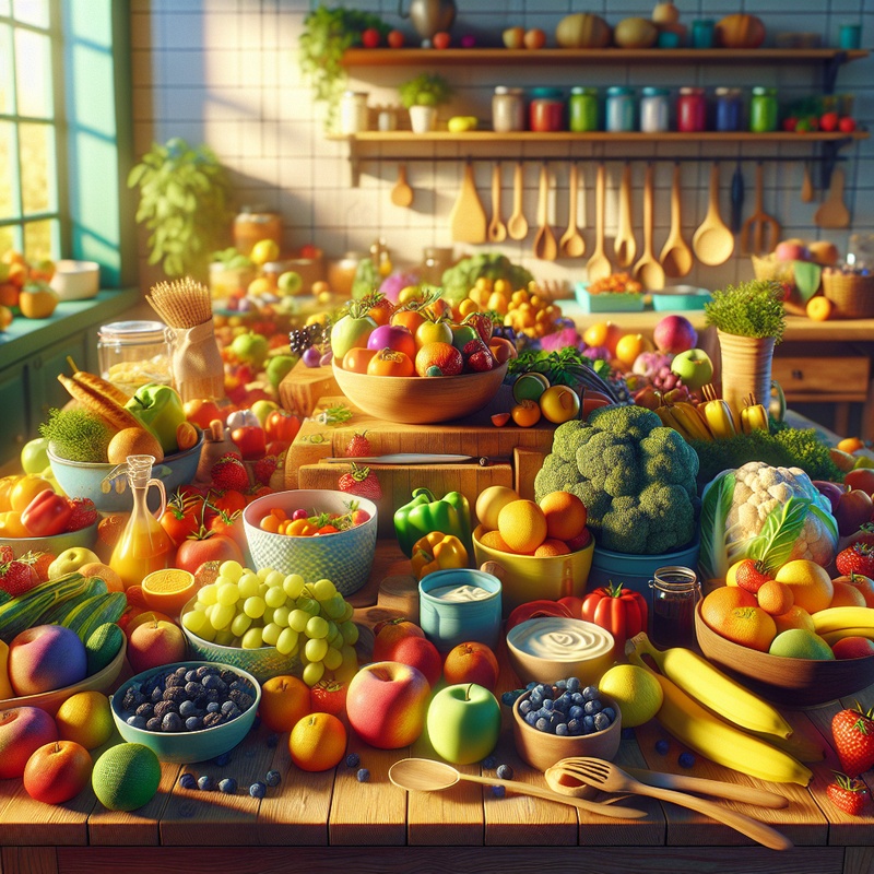 A kitchen table with colorful fruits, vegetables, and cooking tools.