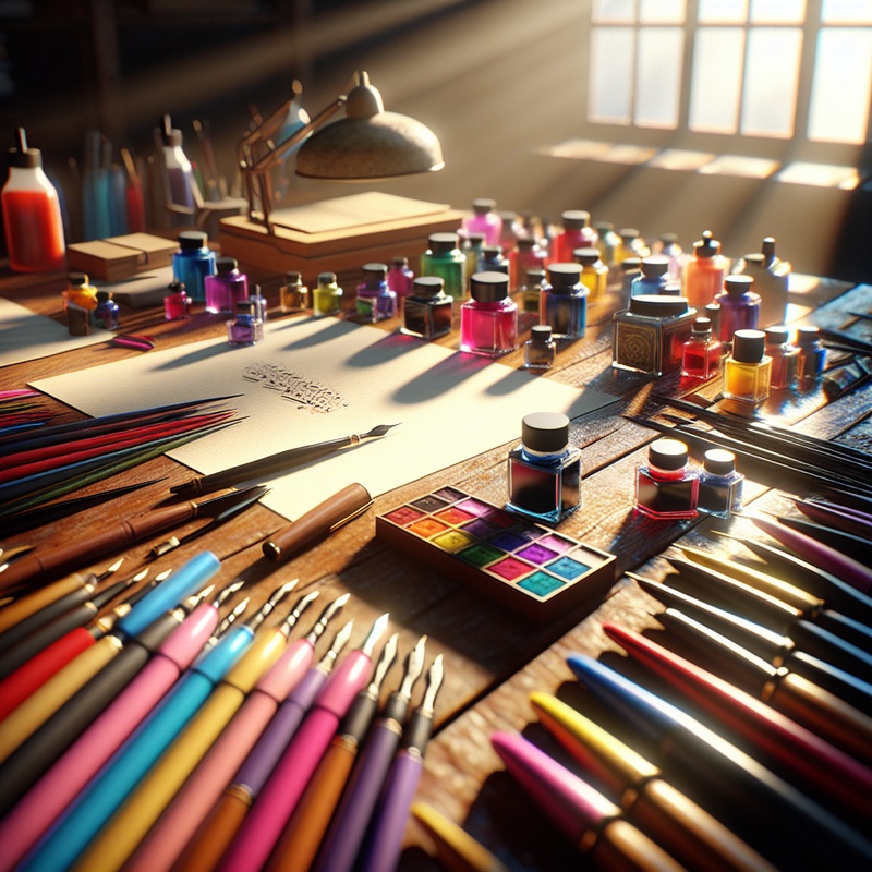 A calligraphy workspace with colorful pens, paper, and ink on a wooden desk.