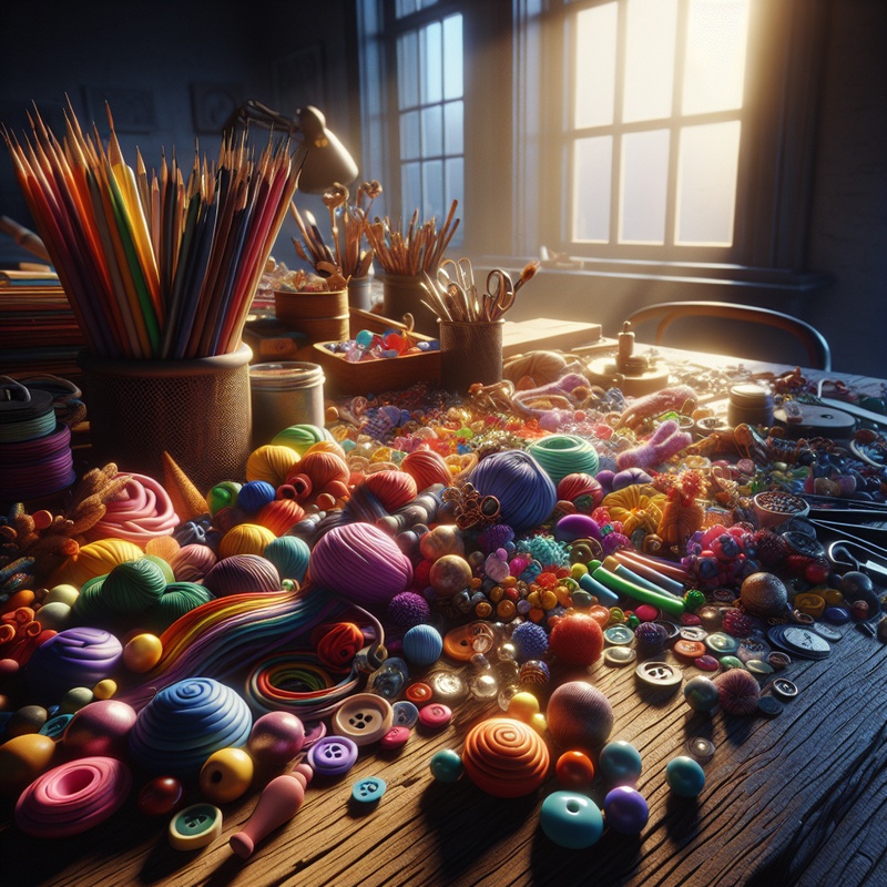 Art space with colorful materials like clay and buttons on a wooden table.