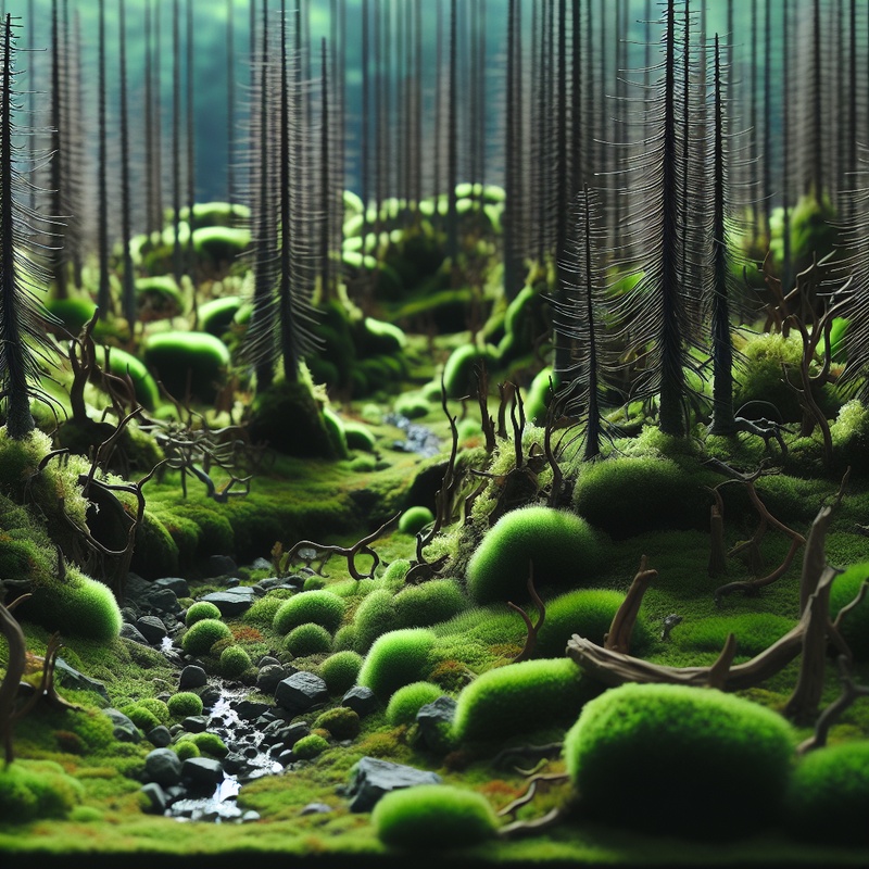 Miniature forest with twigs, moss, rocks, and a small water feature.