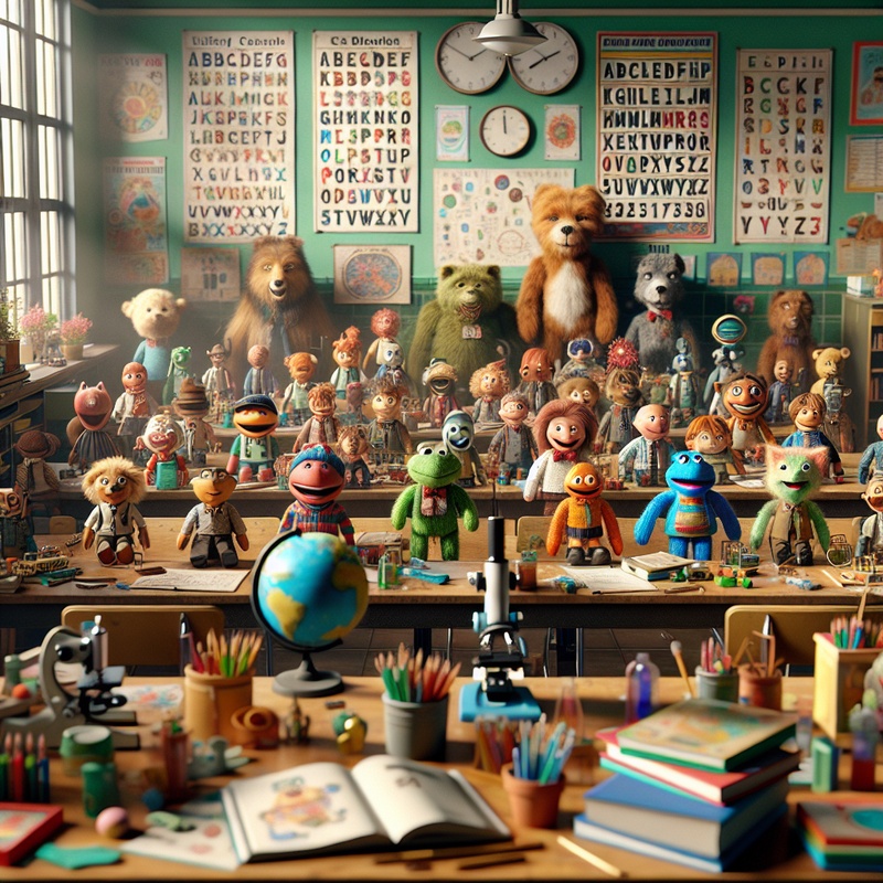 Colorful puppets in a classroom setting with educational materials.