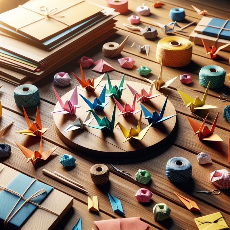 Colorful origami cranes and boats on a table with paper and instructions.