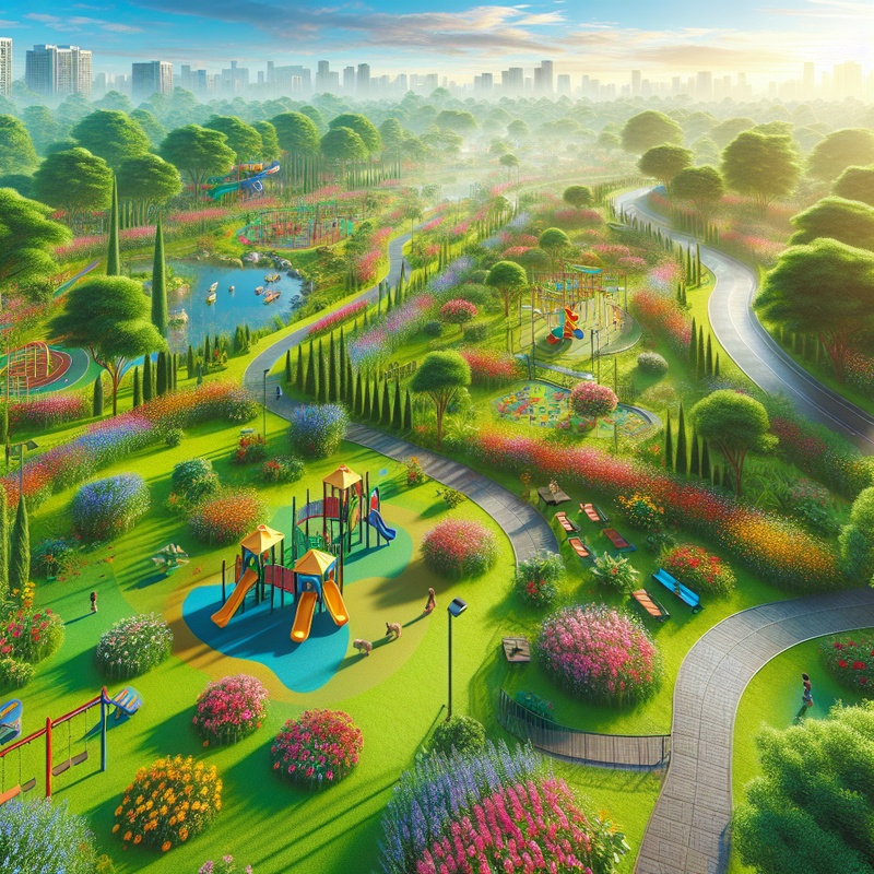 A park with flowers, trails, and a playground on a sunny day.