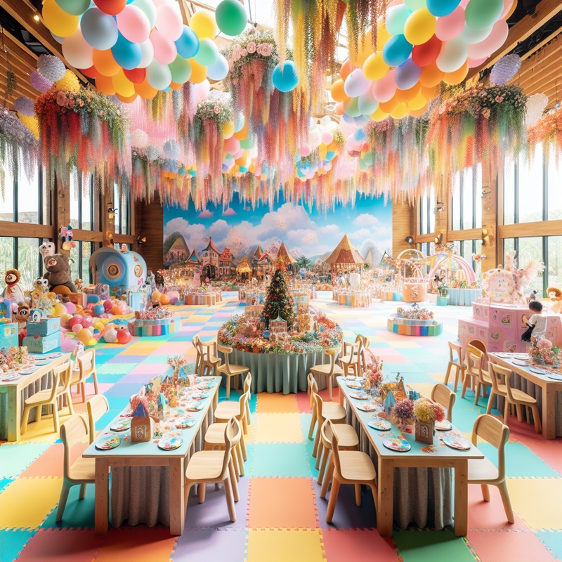 A lively children's event space with themed decorations and activity stations.