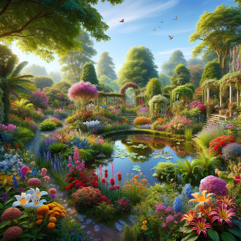 A garden with various plants, flowers, insects, and birds.