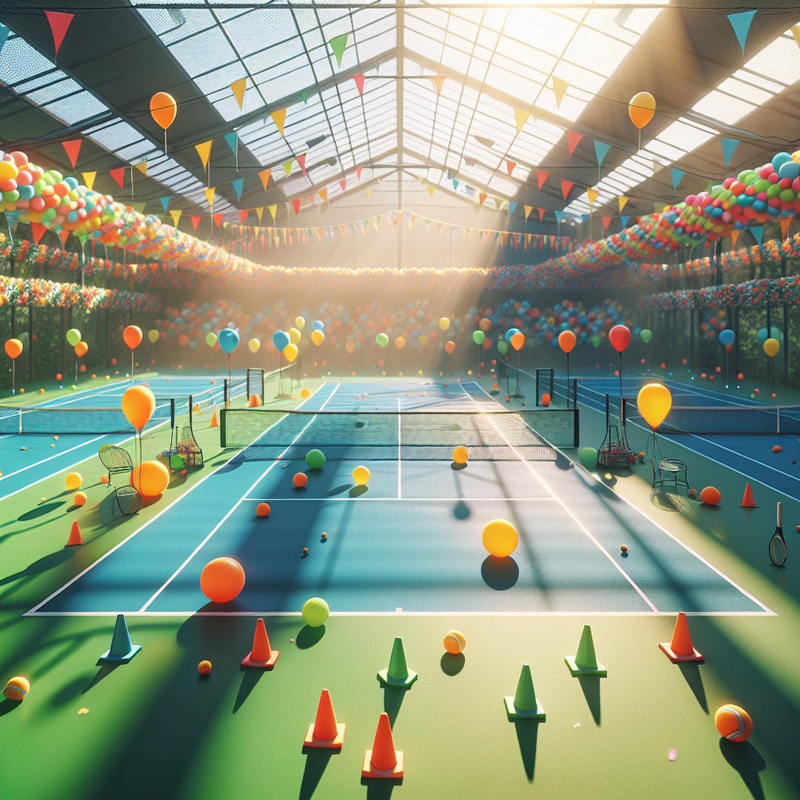 Colorful tennis court with cones and balloons under sunlight.