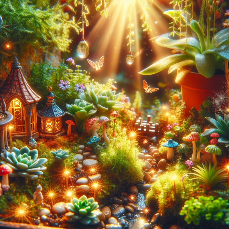 A colorful fairy garden with small plants and decorations.