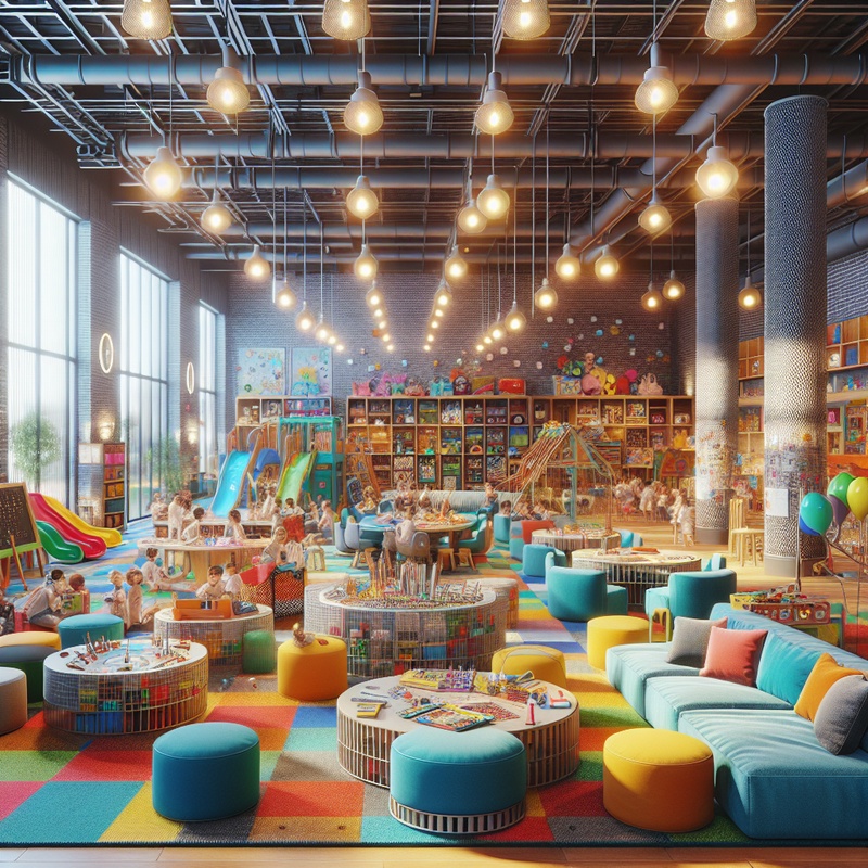 A colorful kids' club room with games and art supplies.