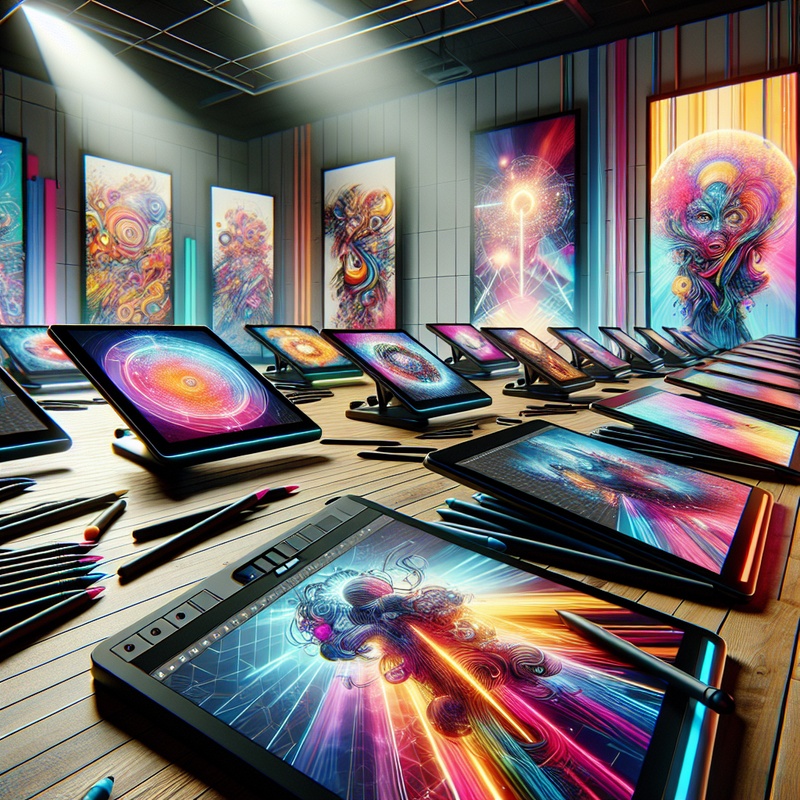 Digital art studio with tablets and colorful drawings.