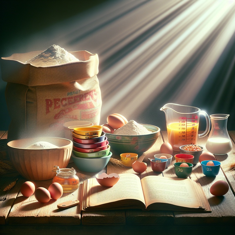 A kitchen table with measuring cups, a recipe book, and ingredients under sunlight.
