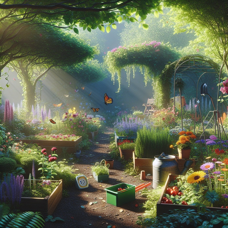 A colorful garden with flowers, herbs, and a butterfly-friendly area, featuring child-sized gardening tools and a compost bin.