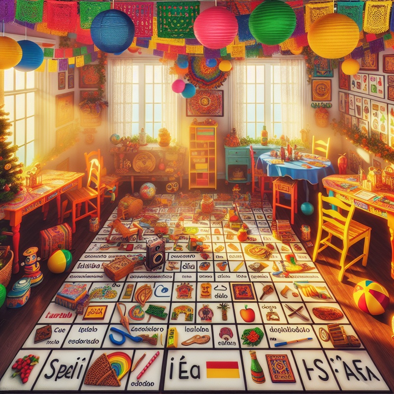 A room with Spanish-themed scavenger hunt items and colorful decorations.