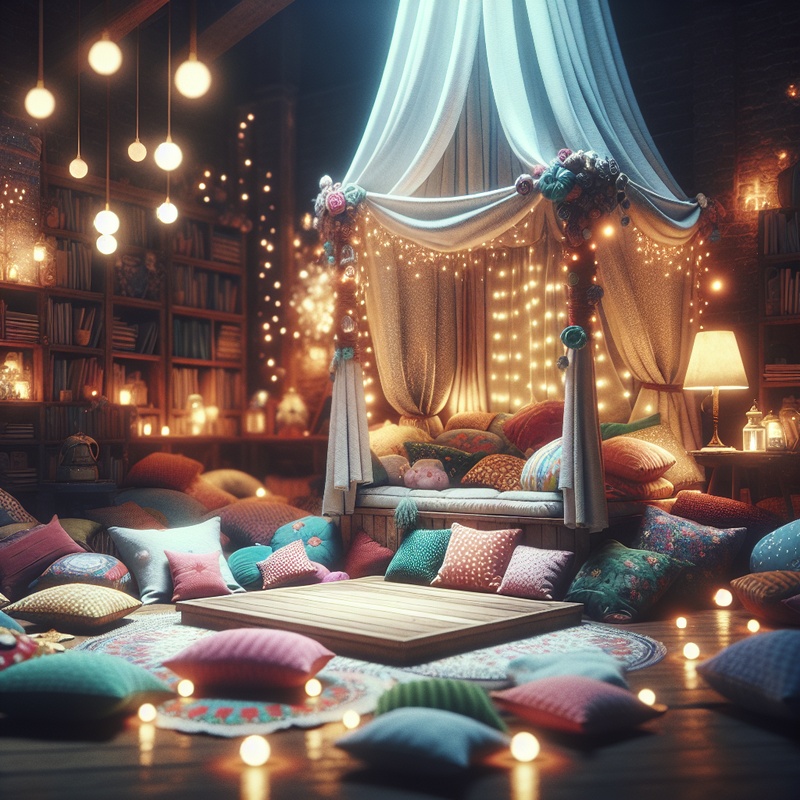 A cozy nook with fairy lights, cushions, and a small stage for storytelling.