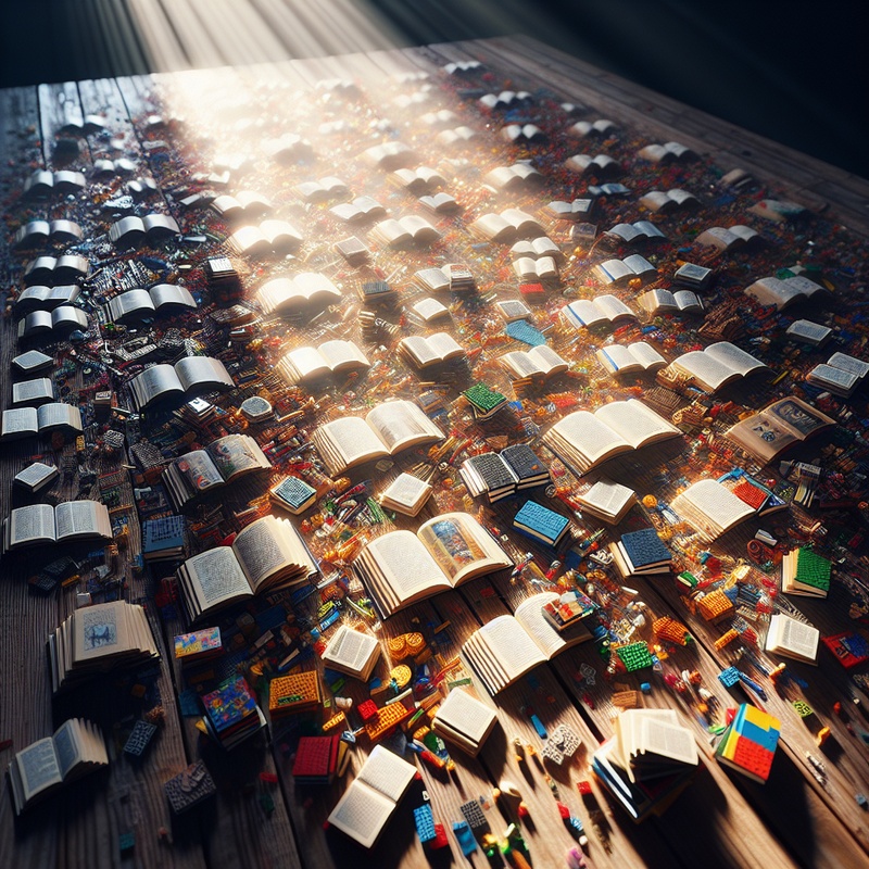LEGO bricks and books on a sunlit table.