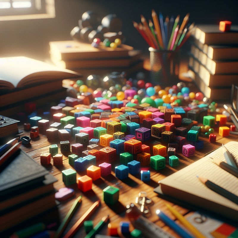 Story cubes on a table with books and art supplies.