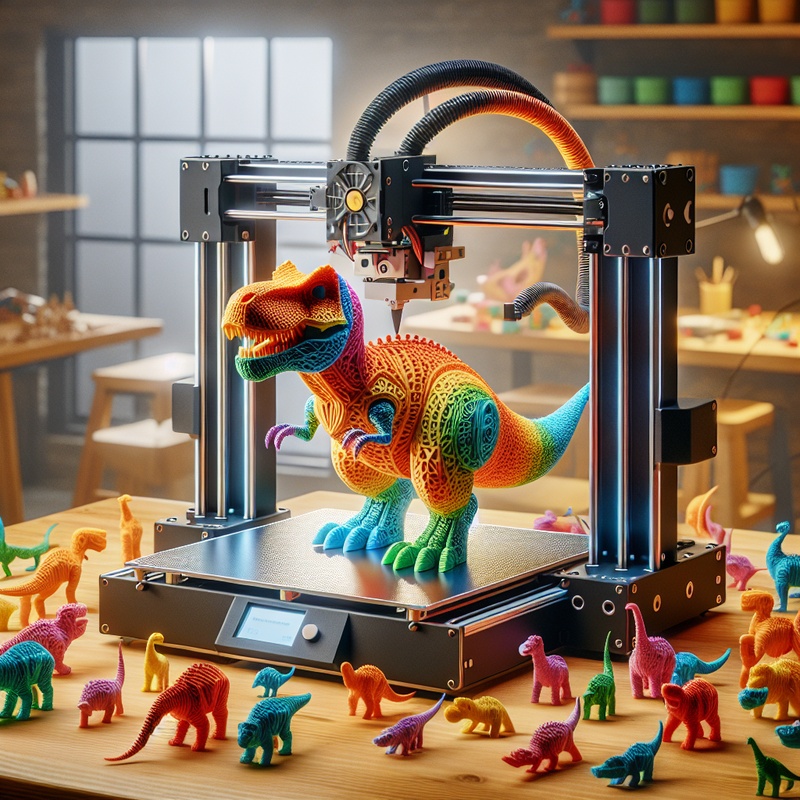 3D printer crafting a toy dinosaur with colorful models nearby.