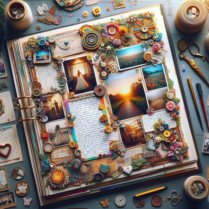A scrapbook page with photos, embellishments, and handwritten notes.