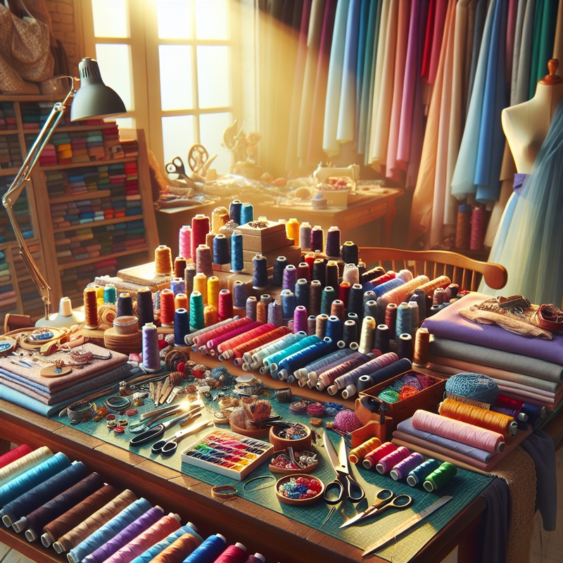 A well-organized sewing area with colorful materials and tools.