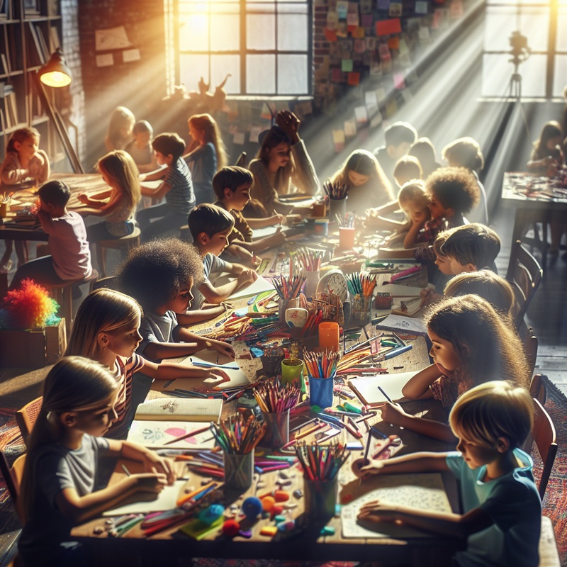 Colorful children's writing workshop setup with notebooks and pens on a table.