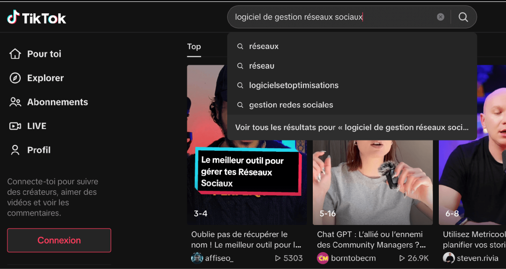 Capture d'écran des résultats de recherche sur TikTok